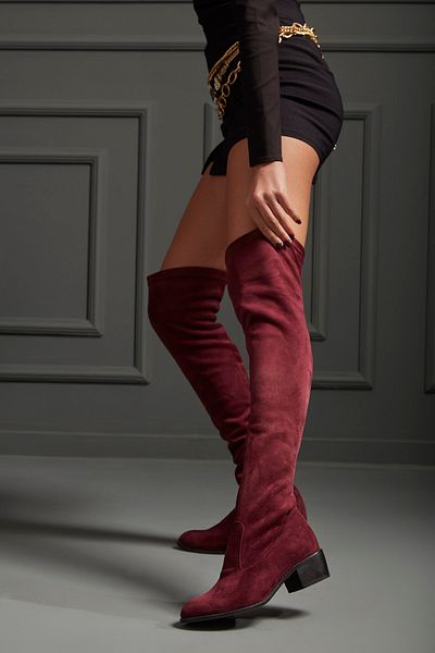 AYAKKABI PRENSİ Stretch Over The Knee Stretch Burgundy Suet 5 Cm Cizme de damă, Cizme cu toc