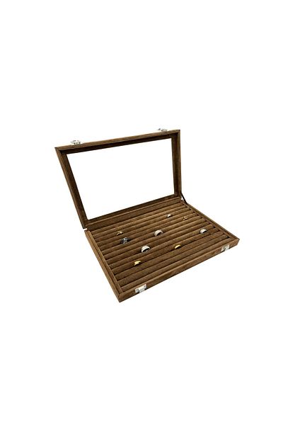 İmpala Kutu Ring Box Top with Glass Lid Brown Suede Sausage
