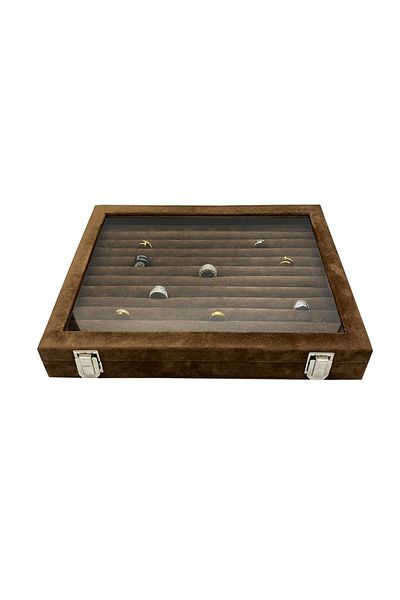 İmpala Kutu Ring Box Top with Glass Lid Brown Suede Sausage