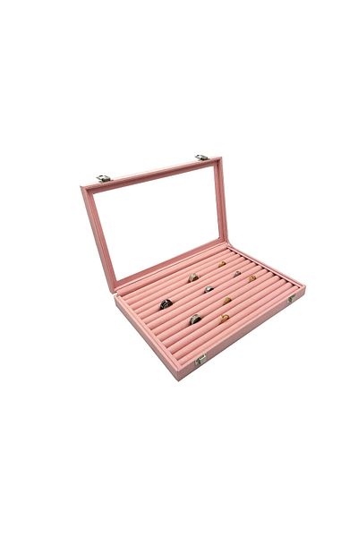 İmpala Kutu Ring Box Tray Pink Suede Sausage Ring Box with Glass Lid
