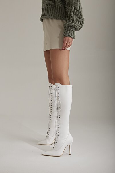 AYAKKABI PRENSİ Cizme Polly Lace Up White Matte 10 Cm, Cizme cu toc