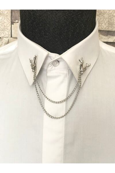 Yage Gümüşi Beyaz Geyik Başı Zincirli Yaka Iğnesi