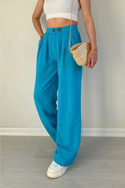 Suzi butik Women's Linen Textured Pleated Palazzo Trousers