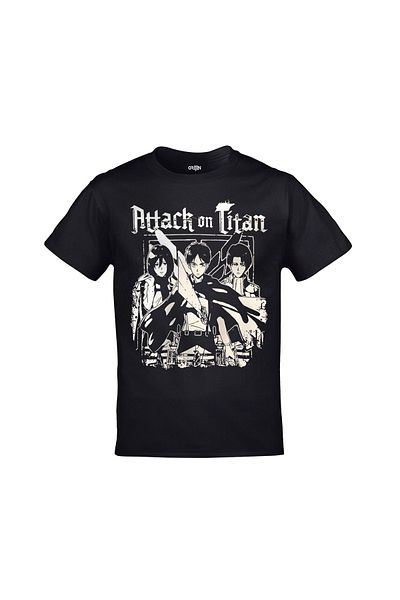 Orijin Tekstil Attack On Titan Eren Levi Mikasa Printed Unisex Black Tshirt