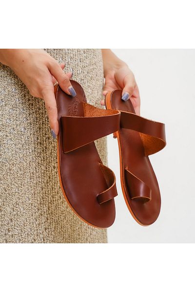 DaphneSandals Genuine Leather Red Tan Women's Slippers - 2050