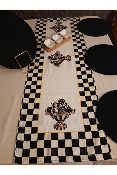 Dream Home Aslıdreamhome Amerikan&servis, Dama Desen Runner, 6'li Siyah Supla...