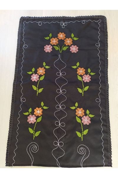 Çeyiz Bahçesi Cross Stitch Embroidered Lose Prayer Rug Black Flower