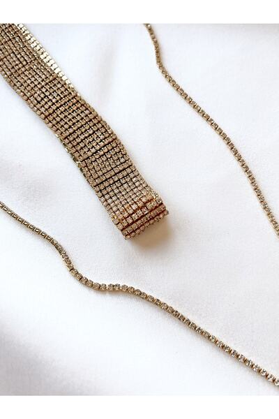 WAHSHE 2 Parça Zirkon Taşlı Tasma Choker Kolye Gold