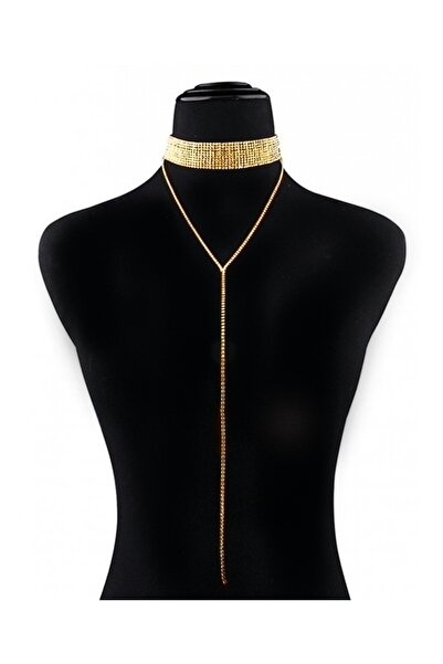 WAHSHE 2 Parça Zirkon Taşlı Tasma Choker Kolye Gold