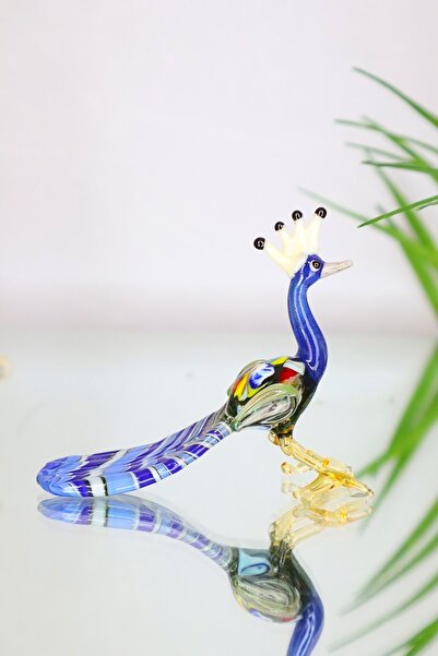 ADAMODART Renk Geçişli Tavus Kuşu El Yapımı Murano Dekoratif Cam Biblo - Mavi