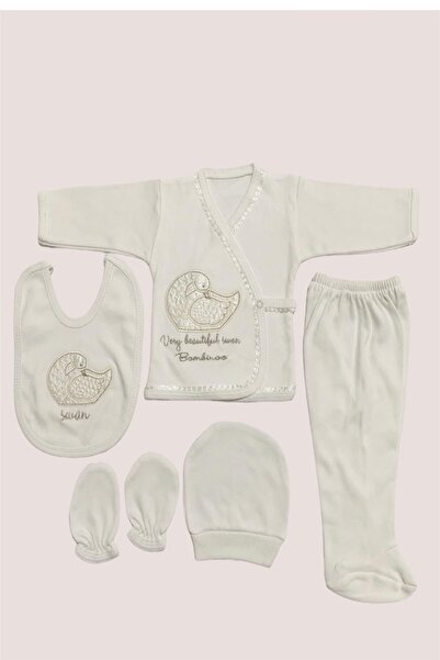 bombino O Bebe 5li Kuğu Nakışlı Hastane Çıkışı Yenidoğan Zıbın Set