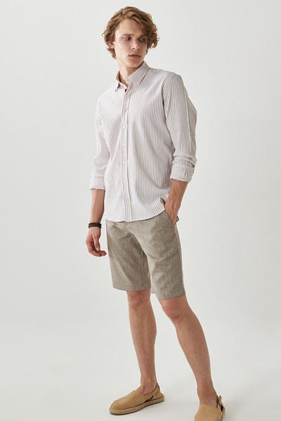 AC&Co / Altınyıldız Classics Men's White-beige Slim Fit Narrow Cut Button Collar Striped Shirt