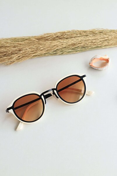 LOOKUP Sunglasses Unisex Cream Beige Frame Brown Glass Uv 400 Protection Metal Handle