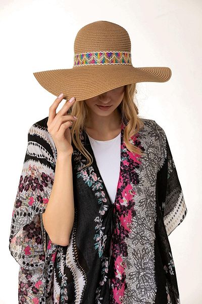Saria Moda Zigzag Detail Wide Straw Hat