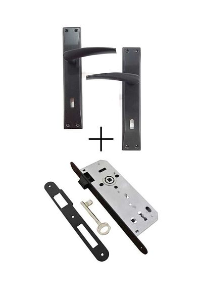 ARON New Brawo Stainless Mirrored Matte Black (room Type) Door Handle + (room Type) Door Lock System Set of 2