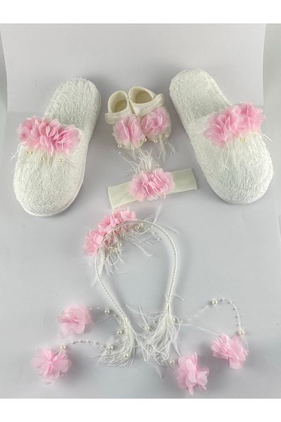 Lohussa Pink Pearl Stoned Floral Maternity Crown Slippers Bandana Baby Booties Set