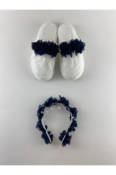 Lohussa Navy Blue Floral Stoned Maternity Crown Slippers Set