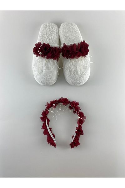 Lohussa Burgundy Floral Stoned Maternity Crown Slippers Set