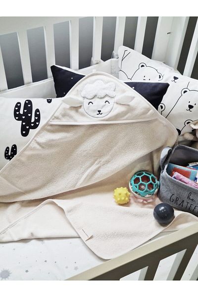 Tanem Home 100% Cotton Beige Lamb Pattern Embroidered Baby Towel Swaddle 75x75cm