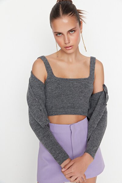 Trendyol Collection Antracitová měkká pletená blůza a cardigan Set - TWOAW21HI0107