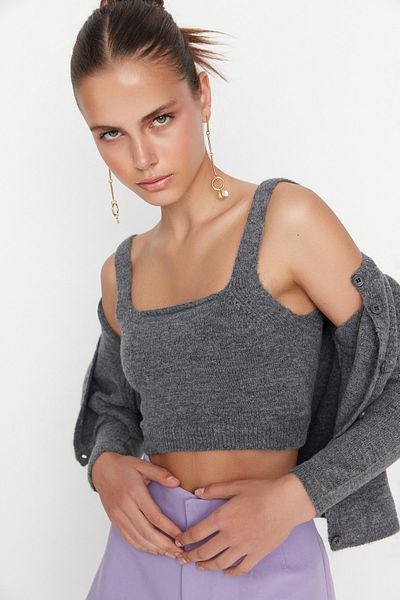 Trendyol Collection Antracitová měkká pletená blůza a cardigan Set - TWOAW21HI0107