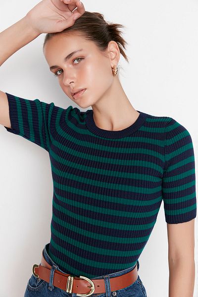Trendyol Collection Navy Blue Basic csíkos kötöttáru pulóver TWOSS20KZ0075