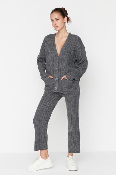 Trendyol Collection Antracit széles szabású, puha textúrájú kötöttáru felső és alsó készlet TWOAW22AU0128