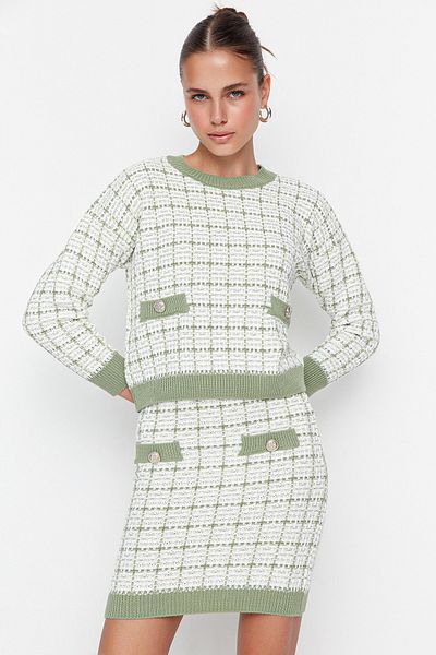 Trendyol Collection Mint Tweed Look csillogó kötöttáru felső és alsó szett szoknyával TWOAW21AU0003