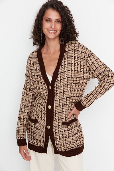 Trendyol Collection Καφέ Φαρδιά Εφαρμογή Tweed Look Glitter Πλεκτά Ζακέτα TWOAW21HI0250