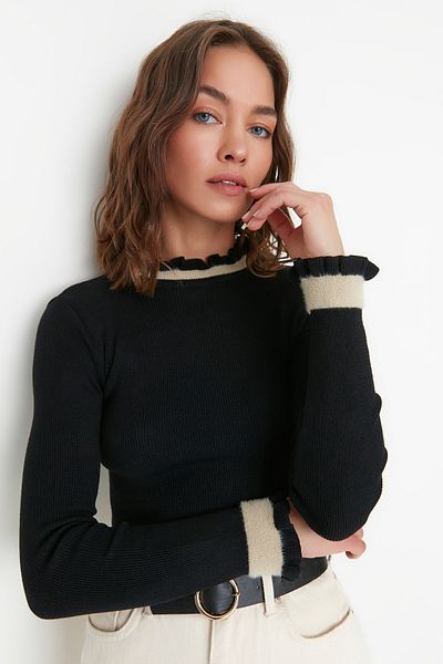 Trendyol Collection Black Sleeve Detailed Stand Collar Knitwear Sweater TWOAW21KZ2138