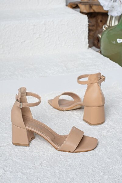 İmerShoes Daily Women's Beige Sandals Ankle Strap Single Strap Sandals Thick Heel Evening Dress Shoes 149