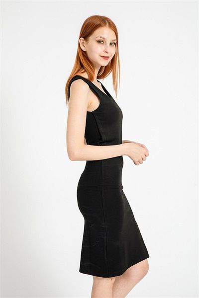 GİYSA Rochie neagră de damă cu guler pătrat cu fantă - 4711