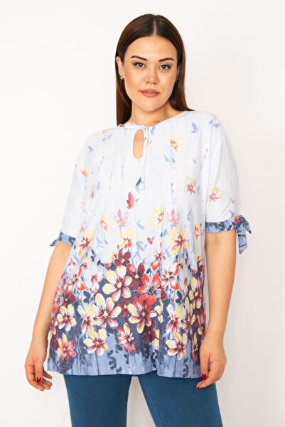 Şans Women's Large Size Blue Collar and Sleeve Lace Blouse 65n33237