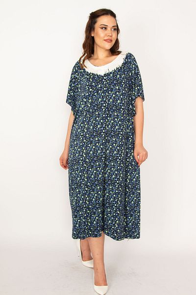 Şans Women's Large Size Navy Blue Lace Collar Comfortable Cut Long Viscose Dress 65n33206