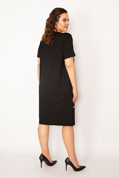 Şans Women's Plus Size Black Front Printed Viscose Dress 65n33248