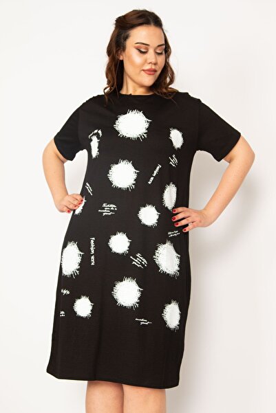 Şans Women's Plus Size Black Front Printed Viscose Dress 65n33248