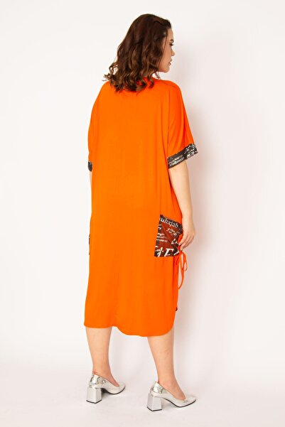 Şans Women's Large Size Orange Pocket and Sleeve Mesh Detailed Stone Printed Viscose Dress 65n33166