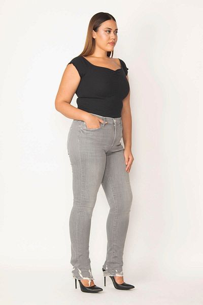 Şans Women's Large Size Gray Ripped Detailed Lycra 5 Pocket Jeans Trousers 65n33171
