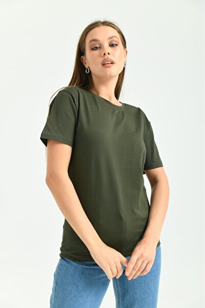 ALMİNA Women's Lycra Khaki Short Sleeve T-shirt