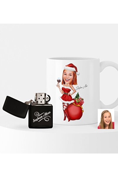 Bk Gift Kişiye Özel Yılbaşı Temalı Bayan Karikatürlü Çakmak Ve Kupa Seti - 1