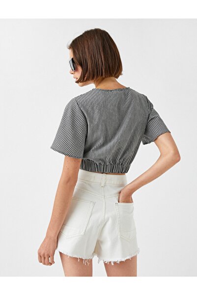 Koton Crop Blouse V Neck Window Detailed Patterned Crop Blouse V Neck Cut Out Detail Patterned