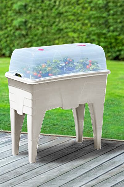 SERİNOVA Abs2 Ayaklı 60 Litre Şeffaf Fanuslu Bahçe Saksısı Kirli Beyaz