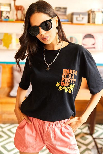 Olalook Dámské černé tričko Boyfriend s potiskem vpředu vzadu v přírodě TSH-19000685