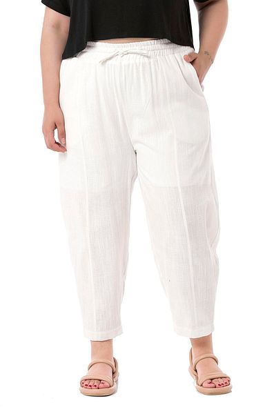 DISENTIS MODEST Large Size Half Baggy Lined Women's White Trousers with Pockets, Elastic Waist and Drawstring