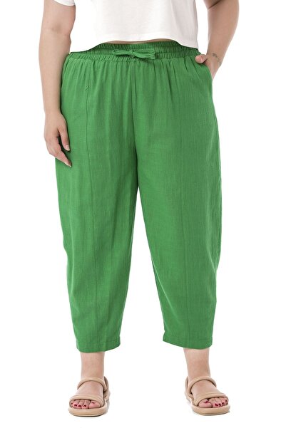 DISENTIS MODEST Pantaloni de damă din in verde - Mărime mare, cu căptușeală, ...