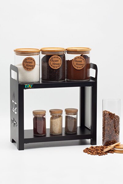 EVAY Kahve Köşesi, Metal Ahşap 2 Katlı Mutfak Rafı, Tezgah Üstü Düzenleyici