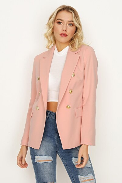 Select Moda Kadın Pembe Gold Düğmeli Blazer Ceket