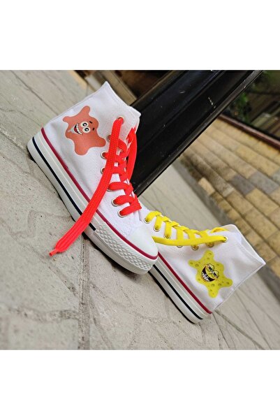 MECH BUTİK Unisex Günlük Siyah&beyaz Bilekli Sünger Bob&patrick Tasarımlı Baskılı Keten Spor Sneaker Ayakkabı