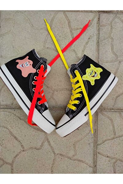 MECH BUTİK Unisex Günlük Siyah&beyaz Bilekli Sünger Bob&patrick Tasarımlı Baskılı Keten Spor Sneaker Ayakkabı