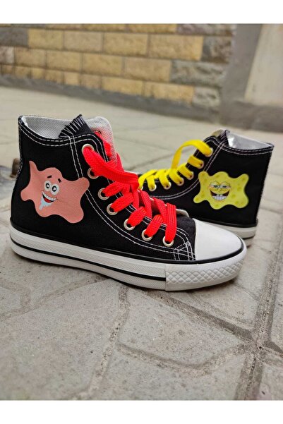 MECH BUTİK Unisex Günlük Siyah&beyaz Bilekli Sünger Bob&patrick Tasarımlı Baskılı Keten Spor Sneaker Ayakkabı